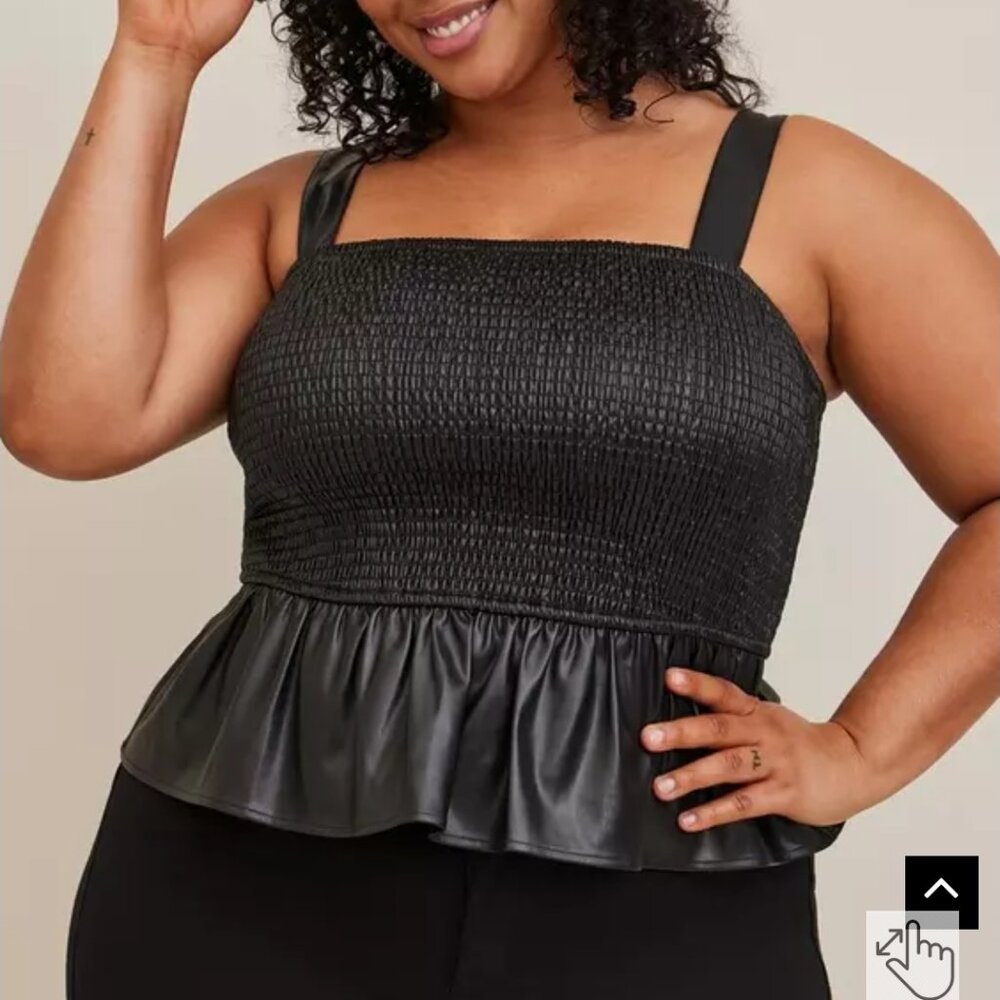 Torrid Faux Leather Peplum Smocked Cami Top Black Sleeveless Sz 00 (M/L 10) NWT